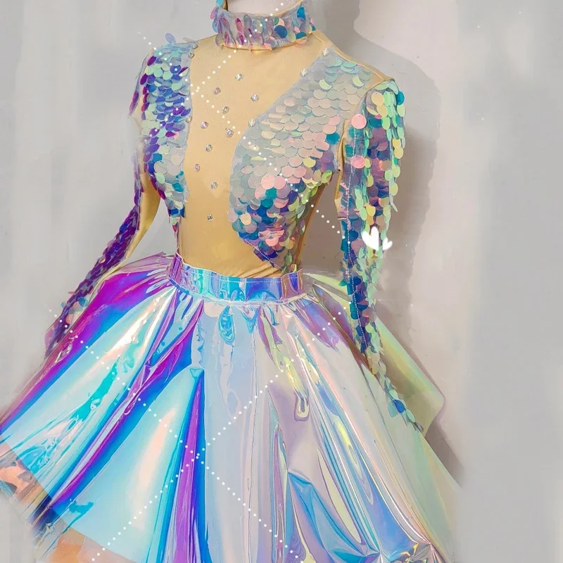 Group Jazz Dance Dress Sexy Sequins Bodysuit Laser Skirt Women Singer Gogo Dance Wear Bar Nightclub Ds Dj Party Outfit XS8298
