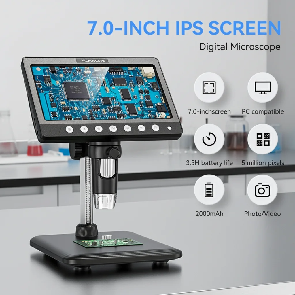 7 Inch IPS Digital Coin Microscope 5MP 50X-1200X Magnifier with Stand Soldering Video Microscope Electronics Repair 8 LEDS