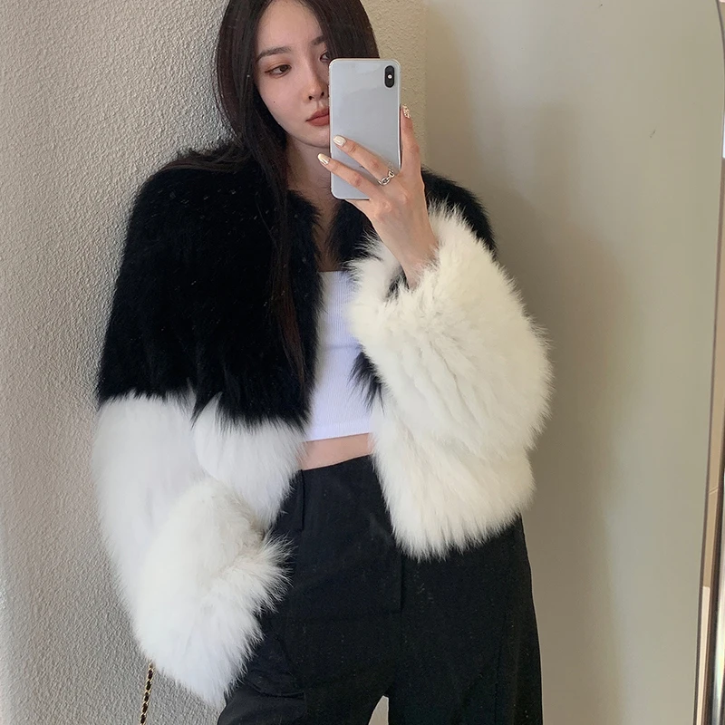 

Rimocy Black White Patchwork Women's Faux Fur Coat 2023 Fashion Round Neck Fluffy Winter Jacket Woman Long Sleeve Cropped Coats