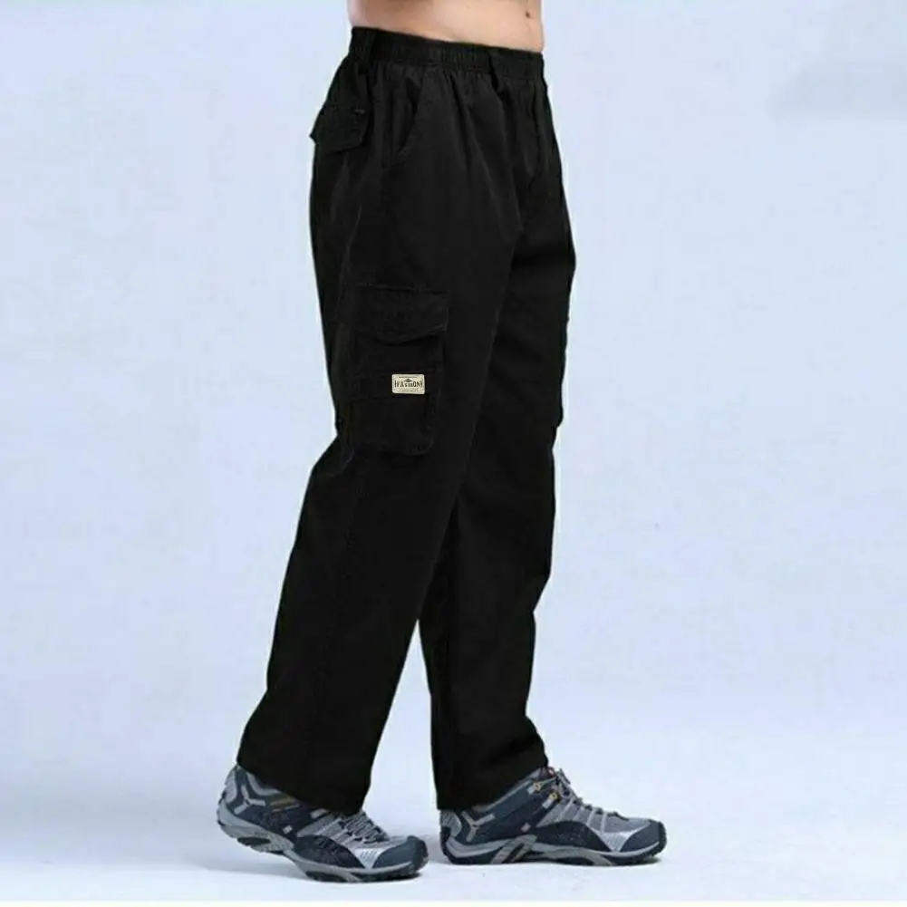 Solid Color Pants Men's Wide Leg Casual Pants with Elastic Waist Multi Pockets Breathable Fabric for Comfortable Streetwear