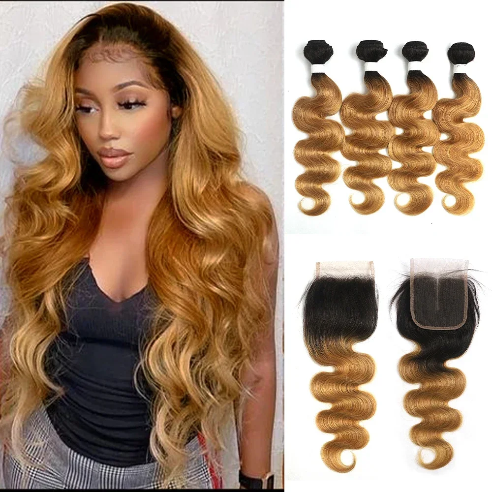 

4PCS Ombre Blonde 1B/27 Bundles With Closure 4x4 Brazilian Body Wave Human Hair Weave Bundles With Closure Remy SOKU Hair