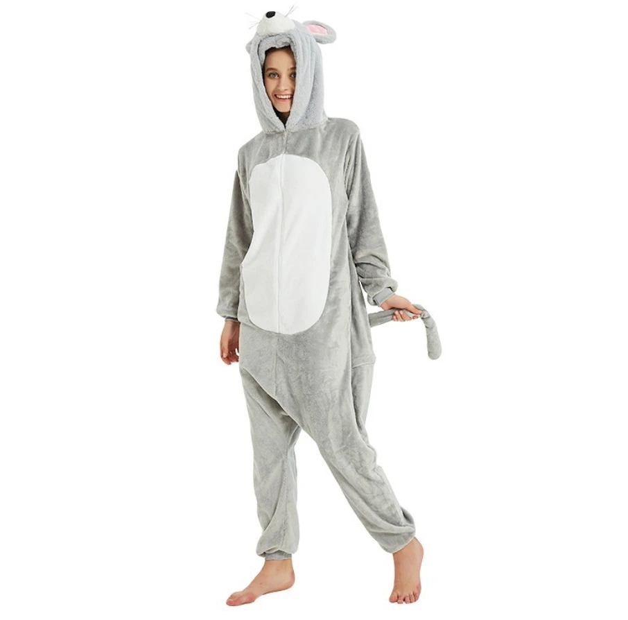 Flannel Gray Mouse Onesies Kigurumi Adult Grey Rat Pajamas Nightgown Cosplay Costume Animal Pyjamas Sleepwear Set