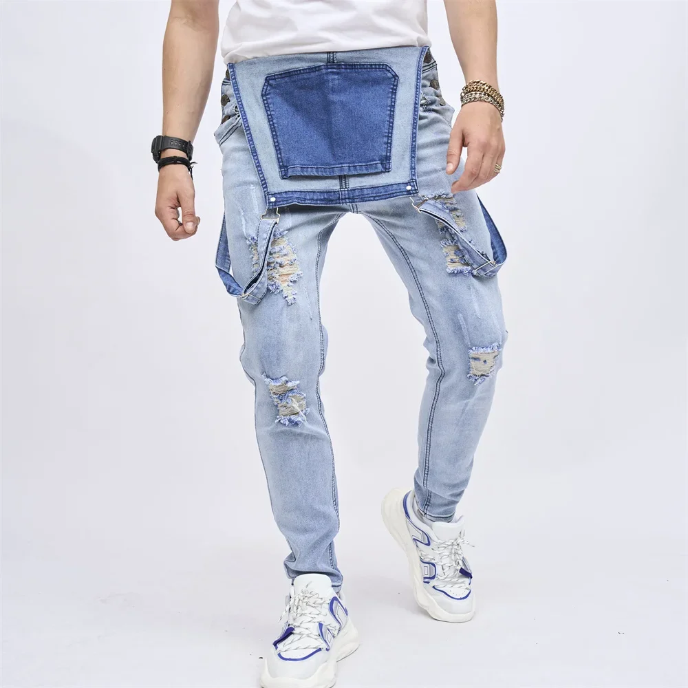Men Strap Jeans Stylish Slim Ripped Biker Stretch Skinny Male Holes Bib Overalls Jumpsuits Denim Trousers For Men's