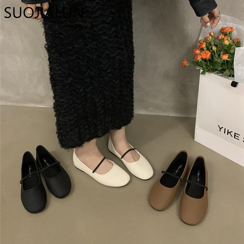

SUOJIALUN 2023 Autumn Women Flat Shoes Fashion Round Toe Shallow Slip On Ladies Ballet Shoes Flat Heel Soft Ballerinas Shoes