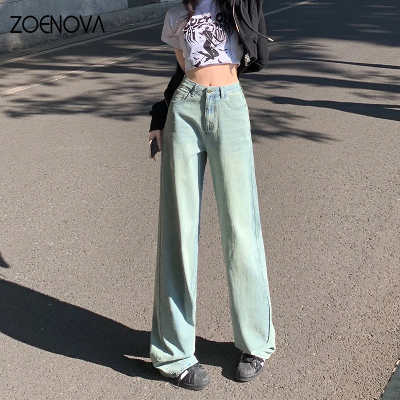 ZOENOVA 아메리칸 레트로 노스탤직 와이드 레그 팬츠, 용수철 스트리트 Y2K 그레이 그린, 하이 웨이스트 스트레이트, 다목적 여성 청바지, 2024 신제품