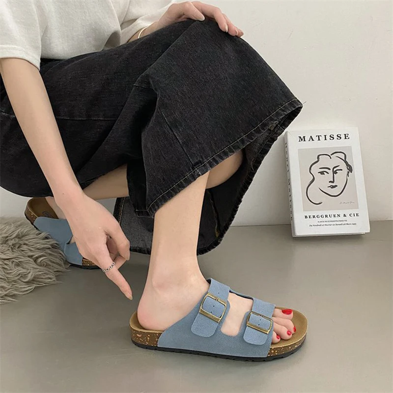 

C-54 Soft leather casual one-word buckle slippers for women's outer wear 2023 new cork thick-soled beach sandals and slippers