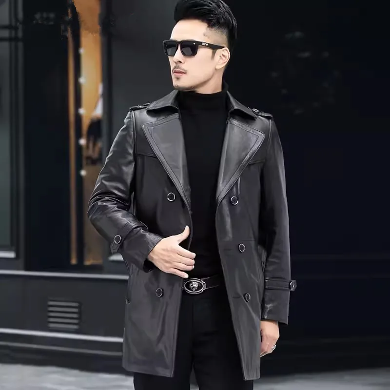 Men's Cowhide Leather Trench Coat Long Thick Detachable down Liner
