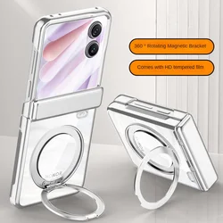 Magnetic Metal Ring Holder Transparent Case with Tempered Glass Film and Slim Spring Hinge Cover for Honor magic v flip 2 (Silver)