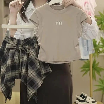 Summer Girls Clothing Set Solid Color Sleeveless T-shirt+Plaid Irregular Skirt 2Pcs Suit For 5-14 Years Teen Kids Fashion Outfit 1