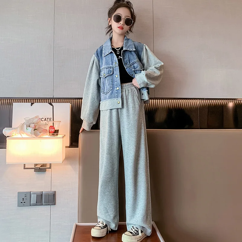 

Girls Outfits Set Autumn Trend Denim Patchwork Jacket Wide Leg Pants Two Pieces Teen Children Costumes Casual Loose Kids Clothes