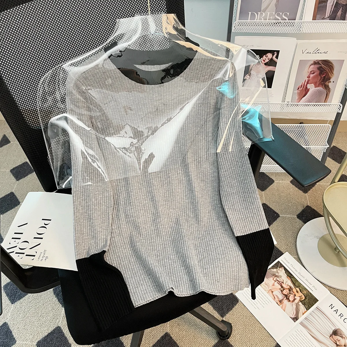 

Contrast Color Fashion Grey Color Women Sweater Full Sleeves Knitting Strech Elegant Pullovers Tees Clothes