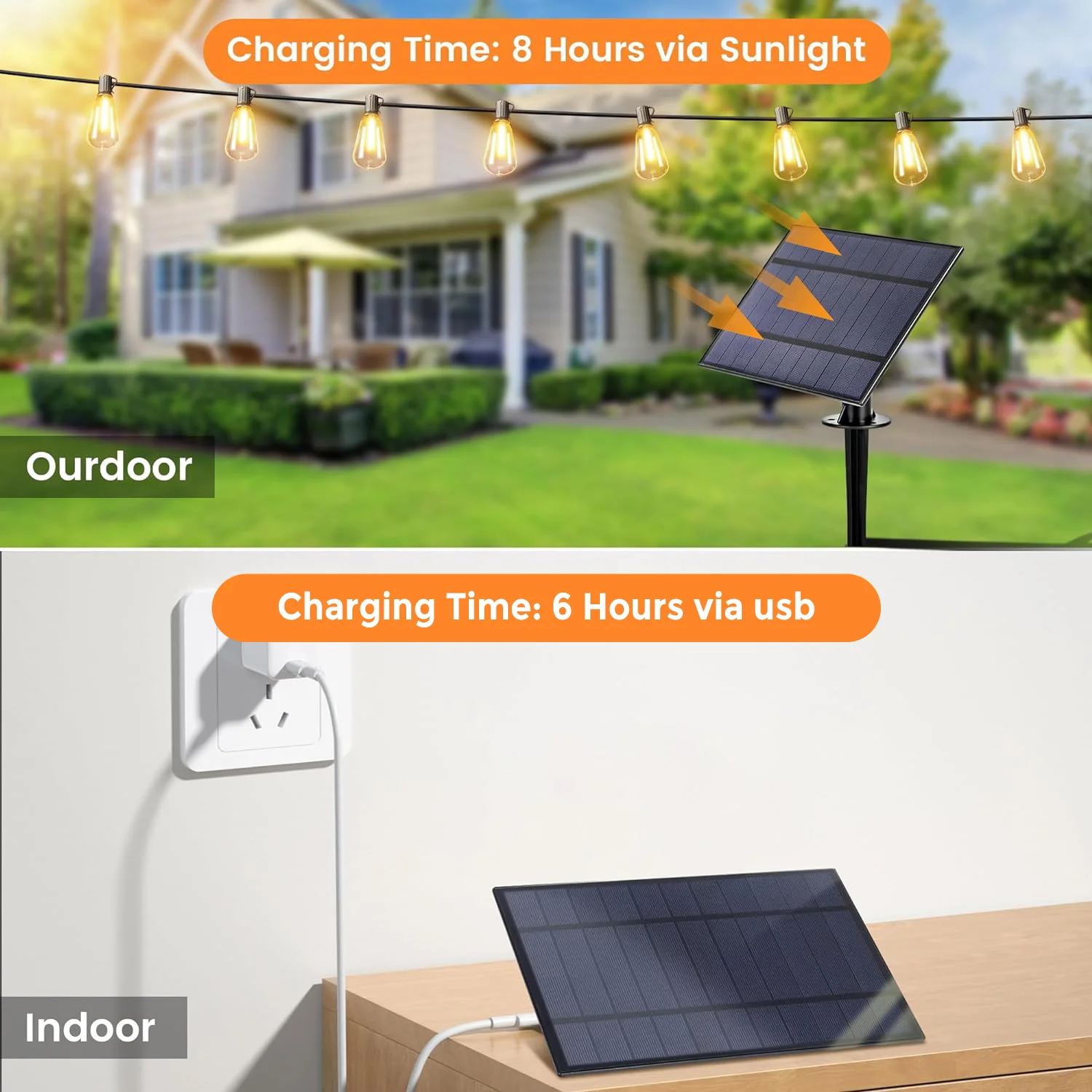 Solar String Lights Outdoor G40 Patio Lights,USB Recharger, 8Light Mode ,Shatterproof Bulbs , Weatherproof Hanging Light 6