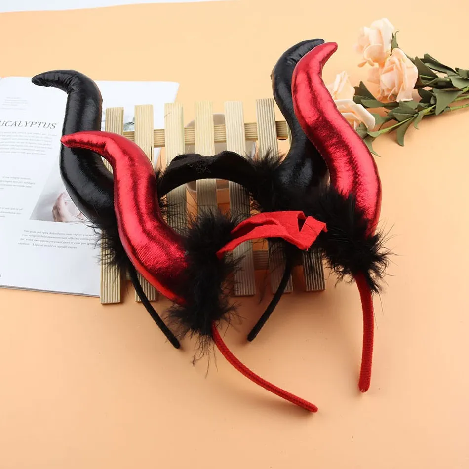 Children Halloween Witch Hiar Accessories Girl Witch Headband Black Red Ox Horn Headband Evil Queen Cosplay Glitter Hair Hoop