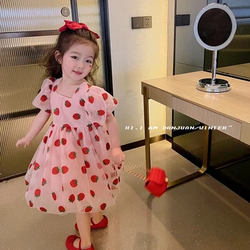 Summer Floral Girls Dresses Strawberry Short Sleeved Children's Clothing O-Neck Party Princess Dresses Vestidos kids clothes 1