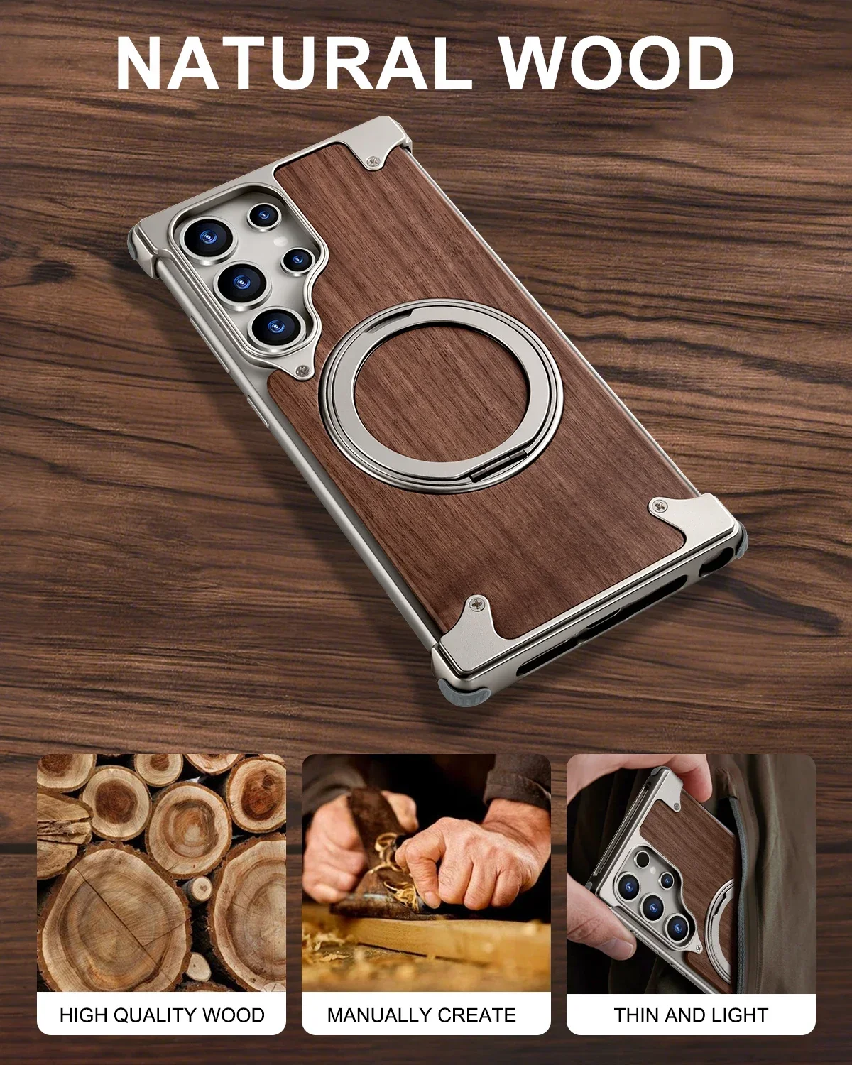 Eary Solid Wood Phone Case for Samsung Galaxy S25 S24 Ultra With Magsafe 360° Rotation Kickstand Frameless Protective Shells
