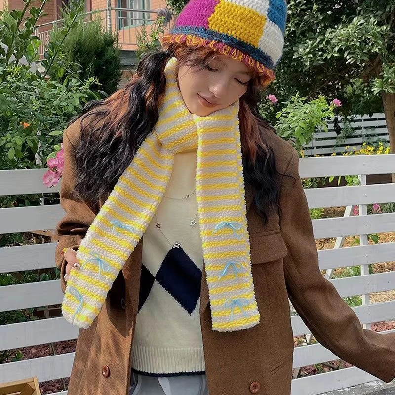 Women Colorful Lambswool Striped Scarf Y2K Cute Winter Plush Warm Necklace Japanese Couple Thickened Wrap Children's Scarf 6