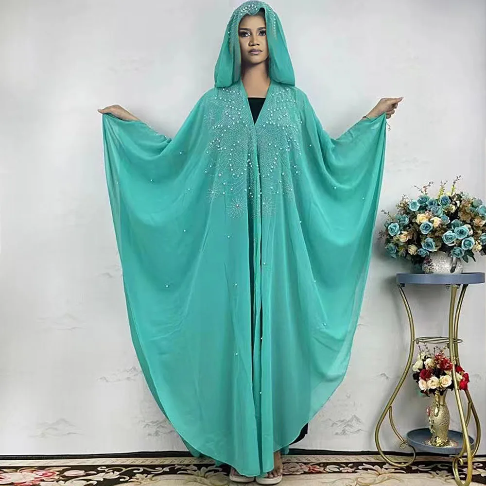 Muslim Hooed Kaftan For Women Dubai Abaya Arabian Islam Bat Sleeve Robe Rhinestone Pearl Shiny Dress Marocain Fashion Party Gown