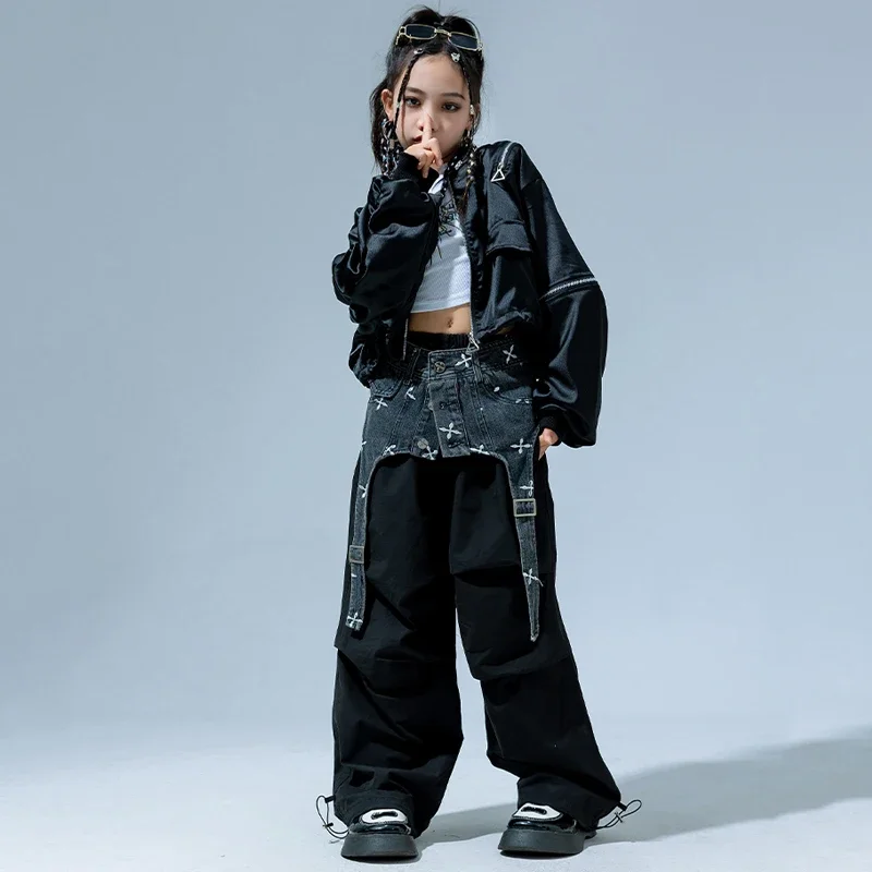 Street Dance Wear Ballroom Hip Hop Stage Costumes Children'S Jazz Dance Performance Clothing Girls Denim Waistband Suit