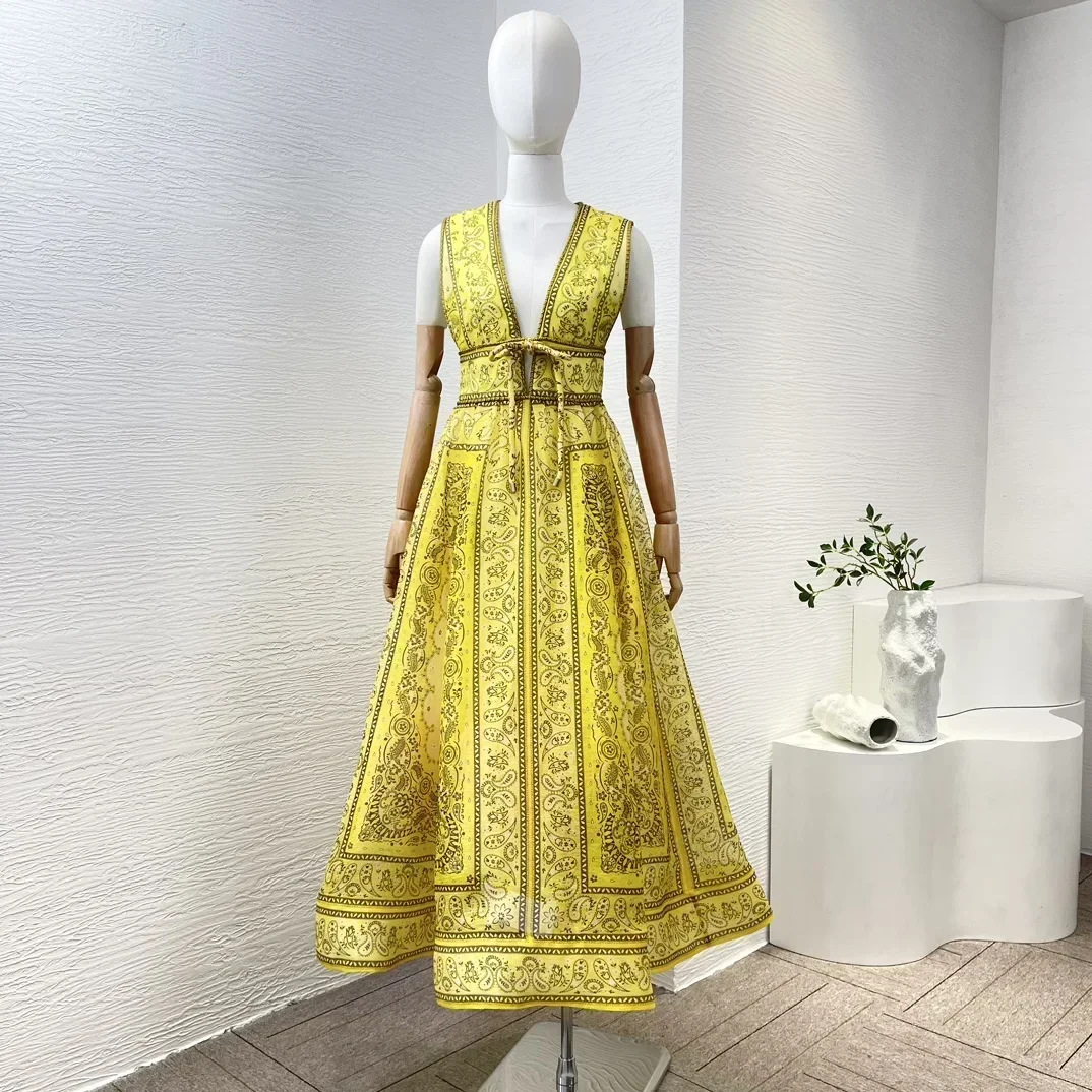 

Женское платье-миди без рукавов, желтое шелковое льняное платье с принтом пейсли и бантом спереди, 2024
