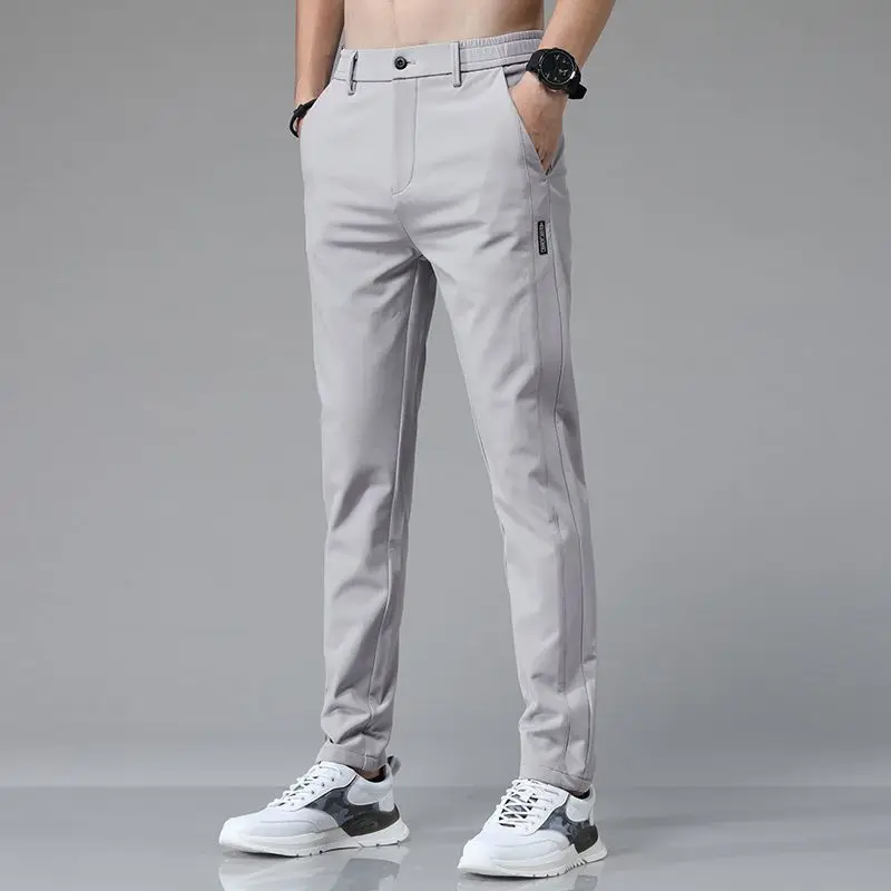 Korean Fashion Summer New Men's Elastic Waist Solid Pockets Thin Style Ice Silk Quick DryingTrend Versatile Loose Straight Pants