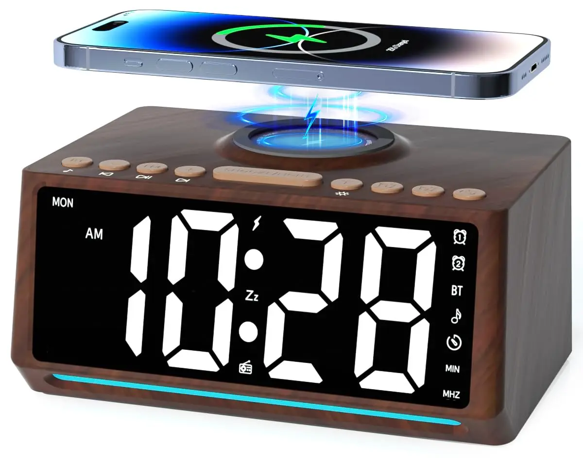 Retro Wooden Digital Alarm Clock Large Display with FM Radio, Bluetooth ...