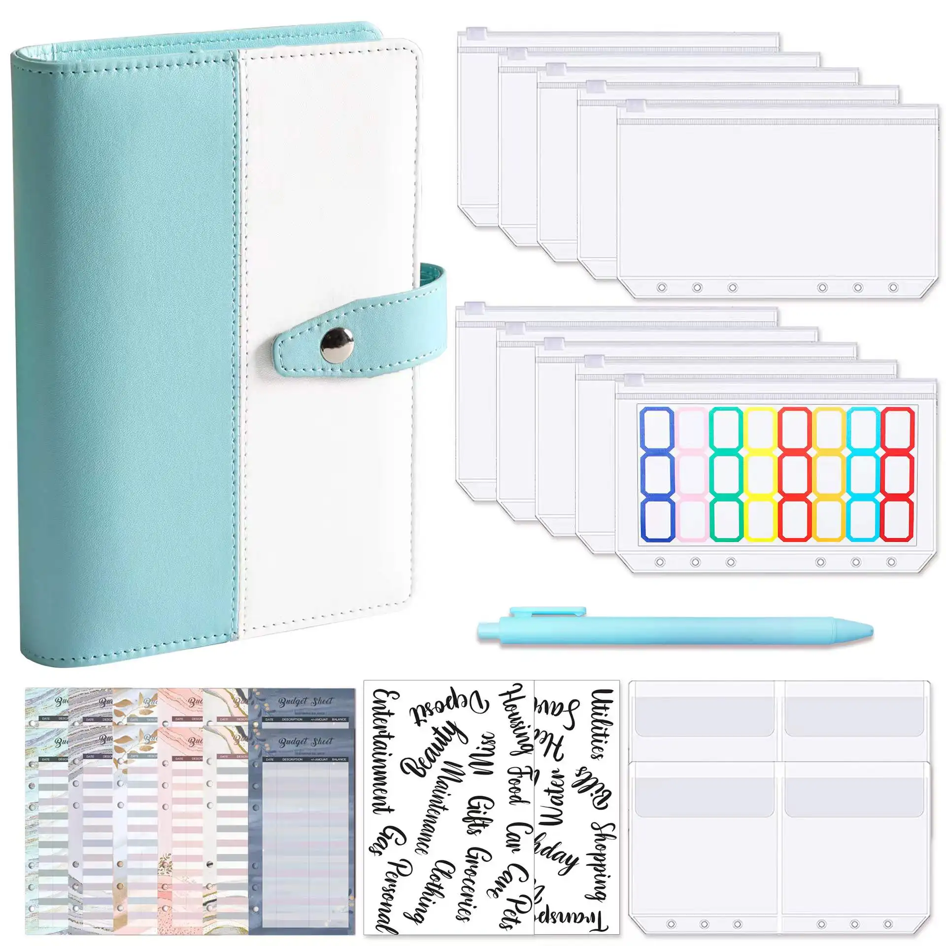 

A6 Budget Binder Planner Organizer Cash Envelopes with 12 Binder Pockets, Expense Budget Sheets,Sticker Labels for Money Saving