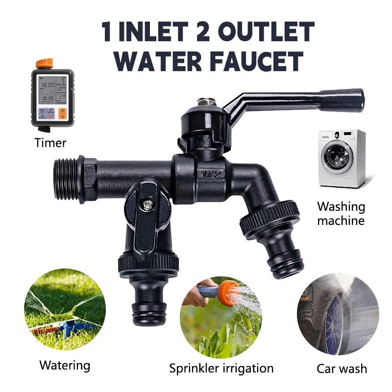 Garden Bibcocks Outdoor Garden Brass Water Faucet Tap Anti-Freeze Bibcocks with Hose Connector Dual Outlet