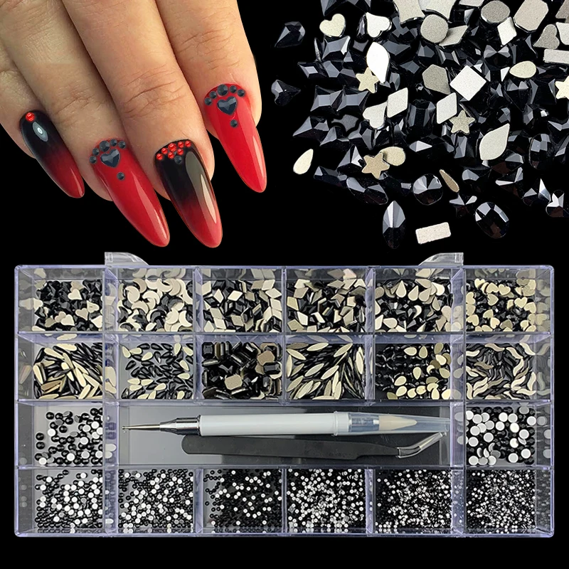 Luxury Shiny Diamond Nail Art Rhinestones Kit Glass Crystal Decorations Set  1pcs Pick Up Pen In Grids Box 21 Shapes of 2500pcs - AliExpress