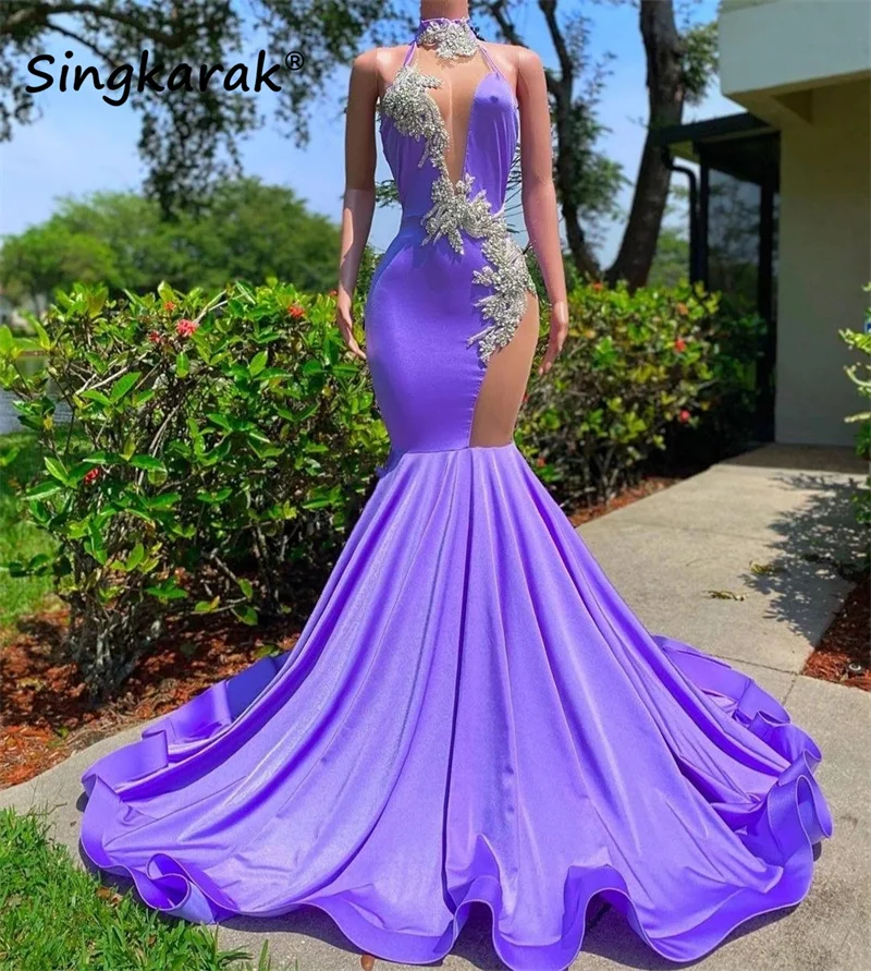 Luxury Lavender Crystals Mermaid Prom Dresses Sexy 2023 For Black Girls Sparkly Crystal Birthday