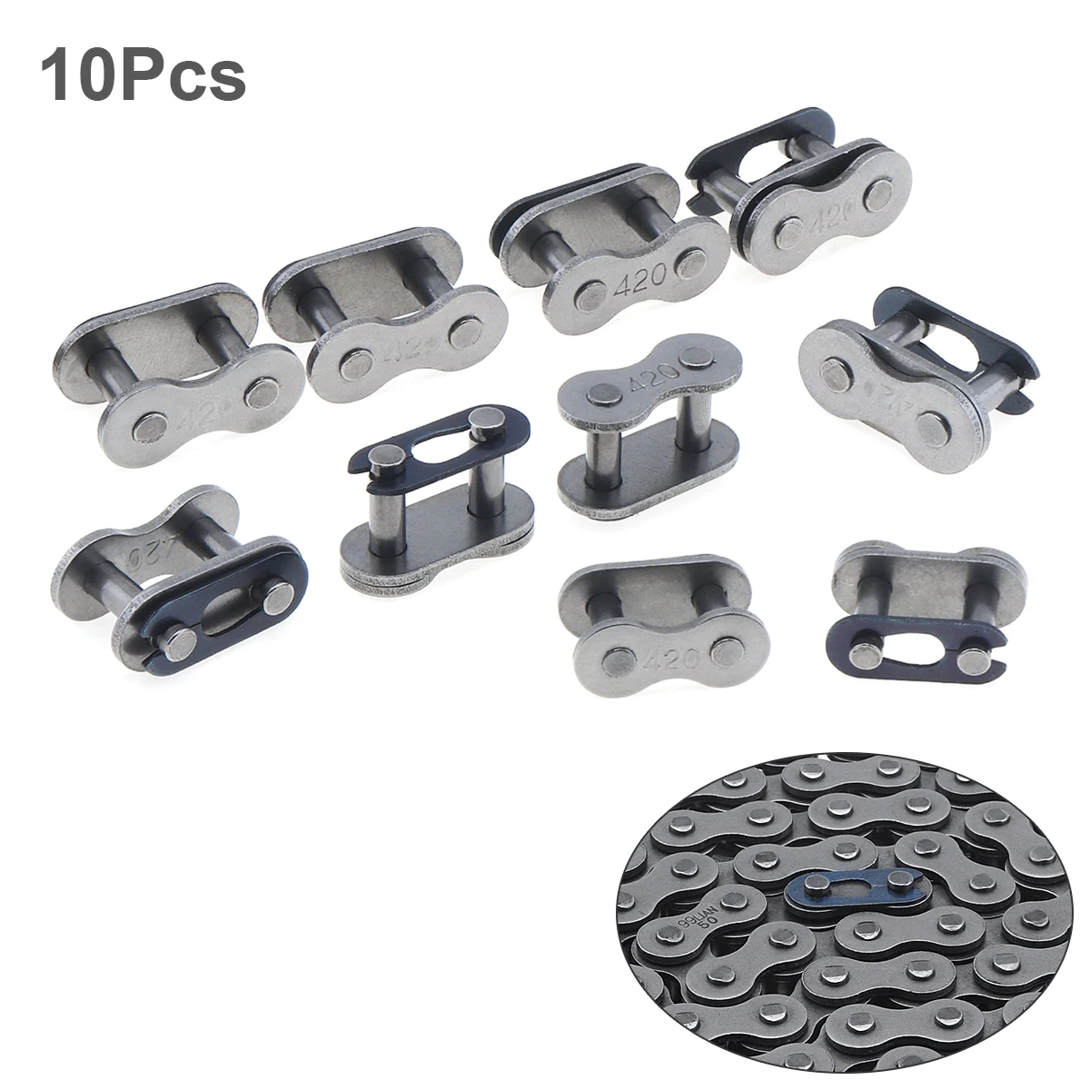 

10pcs Motorcycle 420 Chain Master Link Steel Alloy Heavy Duty Roller Chain Connector Link for Bike Bicycle Mini Bike Karting Pi