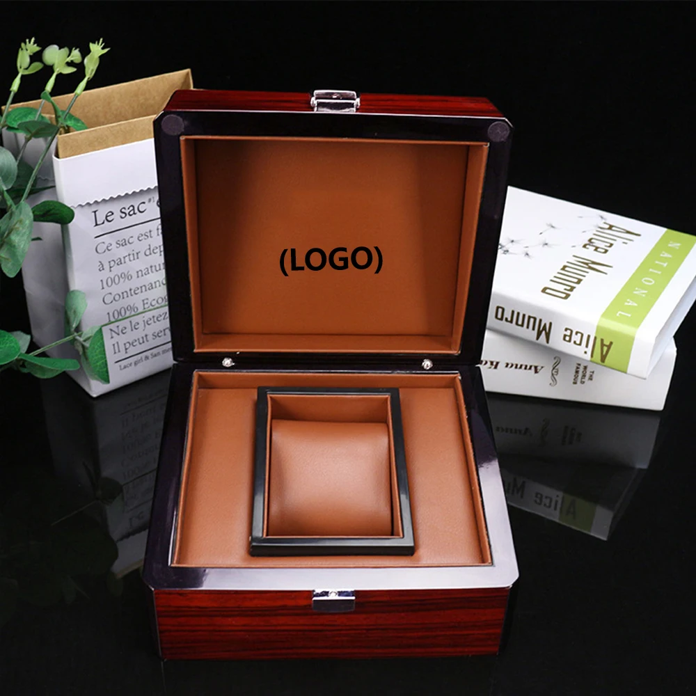 Boîte de montre-bracelet en bois, peinture de cuisson rouge vin, boîte d'oreiller en cuir, support de montre de stockage, boîte cadeau de montre, vente en gros, personnalisé