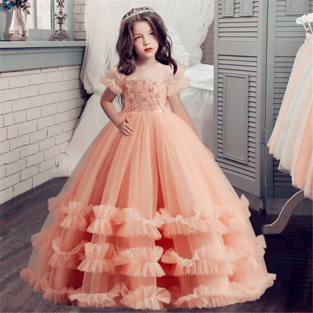 

Pink Flower Girl Dresses Classic O-Neck Floor-Length Baby Girl Wedding Princess Pageant Birthday Party First Communion Gown