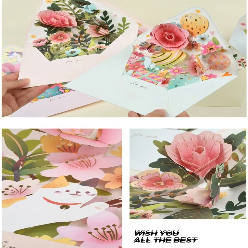 3D Pop-up Birthday Christmas Card Paper Romantic Flower Greeting Cards Valentines Gifts with Envelope Flowers Postcard