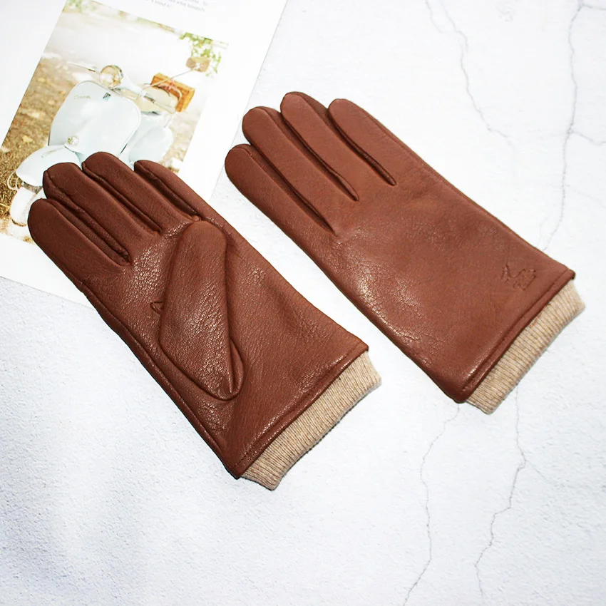 Deer Skin Gloves Men's Touch Screen Dark Brown Genuine Leather Retro Style Autumn and Winter Warm Motorcycle Riding Gloves