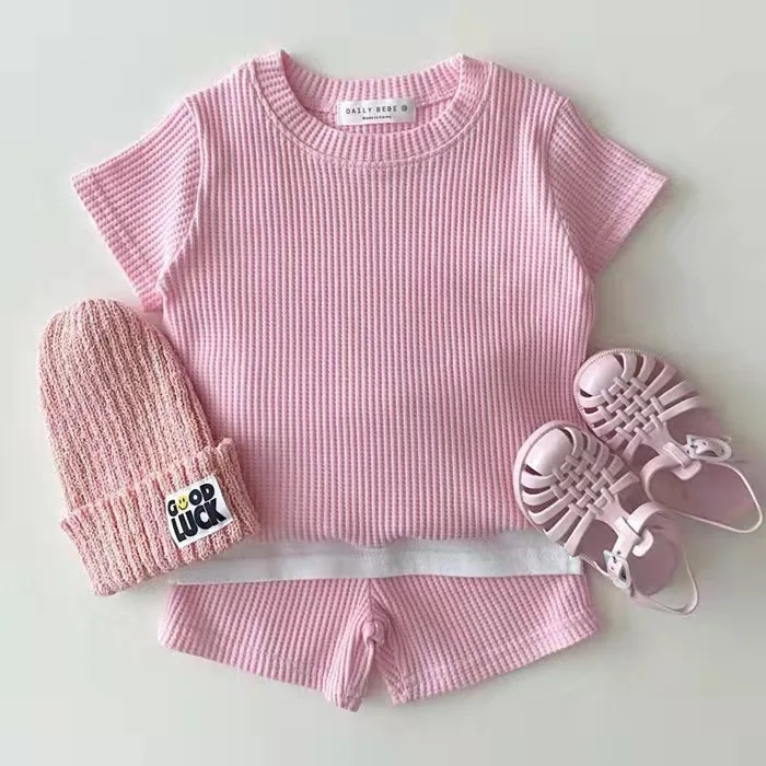 Summer baby clothes new girls solid color knitted short-sleeved suit boys short-sleeved T-shirt shorts casual sports suit Baby Clothing Set near me