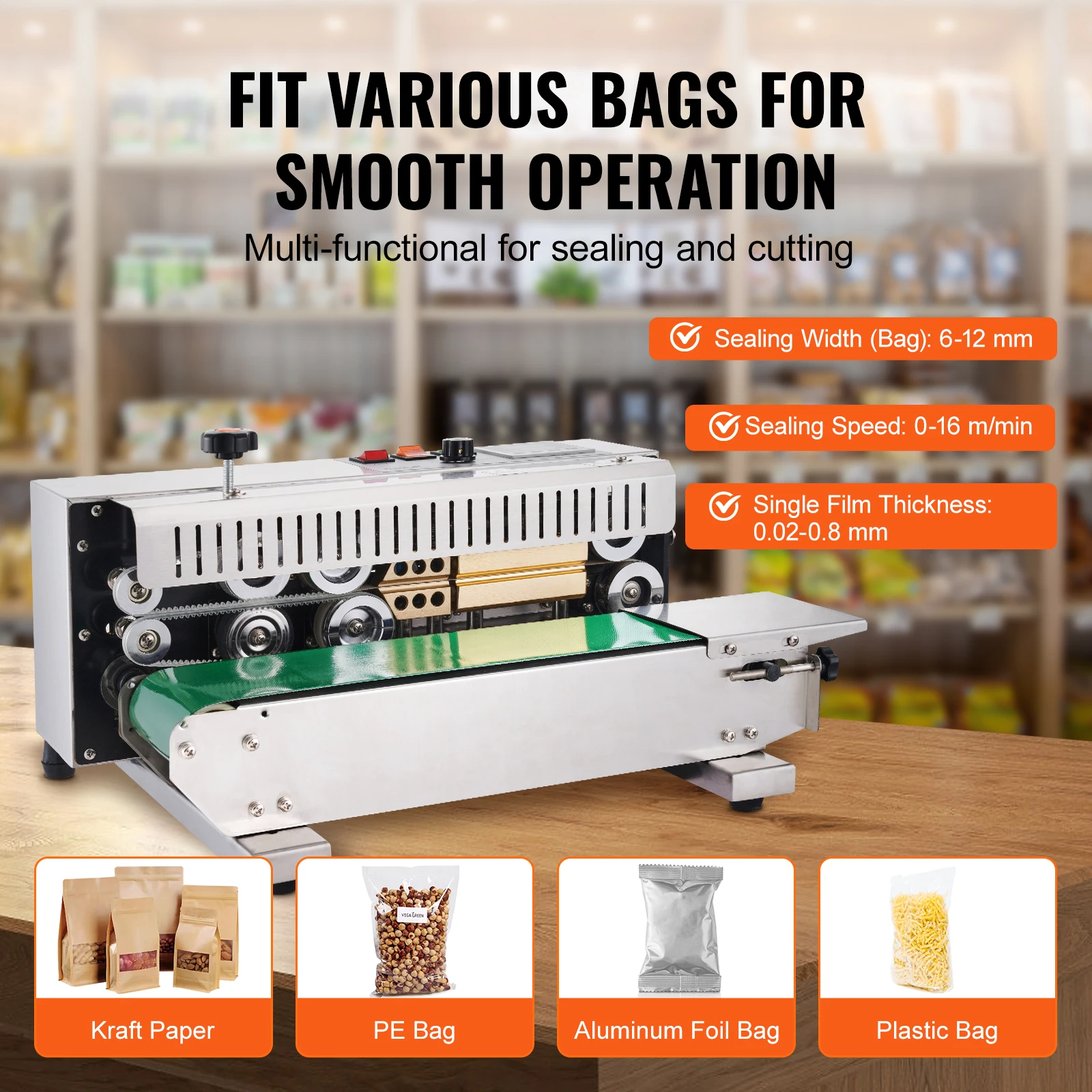 SucceBuy Horizontal Bag Band Sealing Machine Continuous Band Sealer with Digital Temperature Control for 0.02-0.8mm Plastic Bags