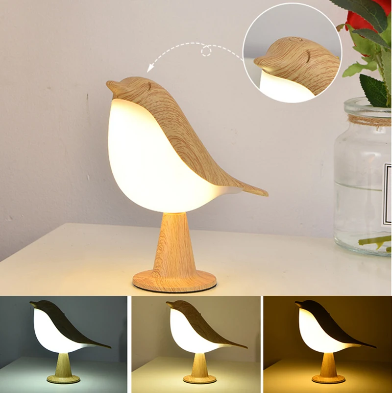 

Modern 3 Colors Bedside Lamp LED Touch Switch Wooden Bird Night Lights Brightness Bedroom Table Reading Lamp Decor Home