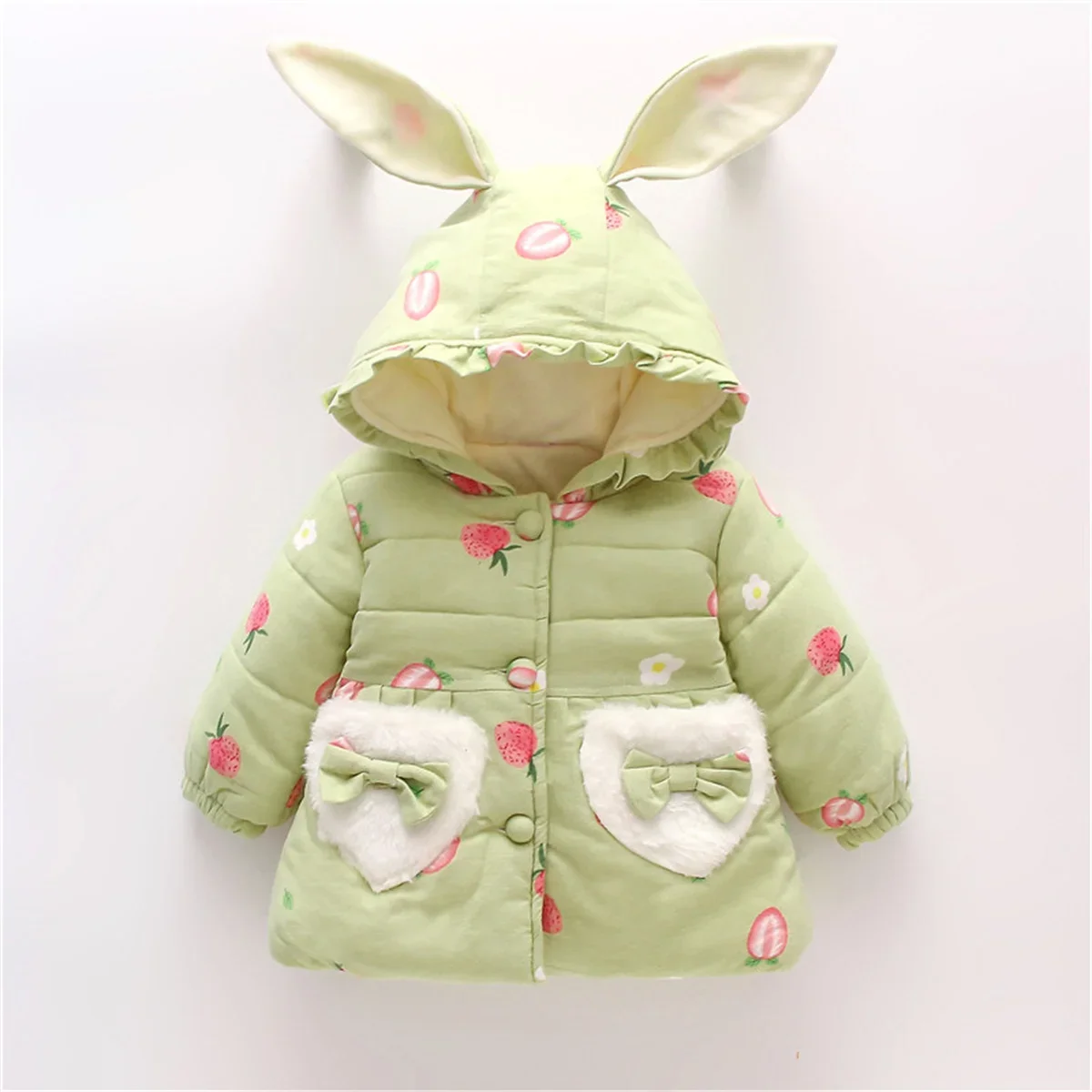 Autumn and Winter New Girls' Coat Bubble Sleeve Cotton-padded Jacket Cute Cartoon Pattern Bunny Ears Furry Pocket