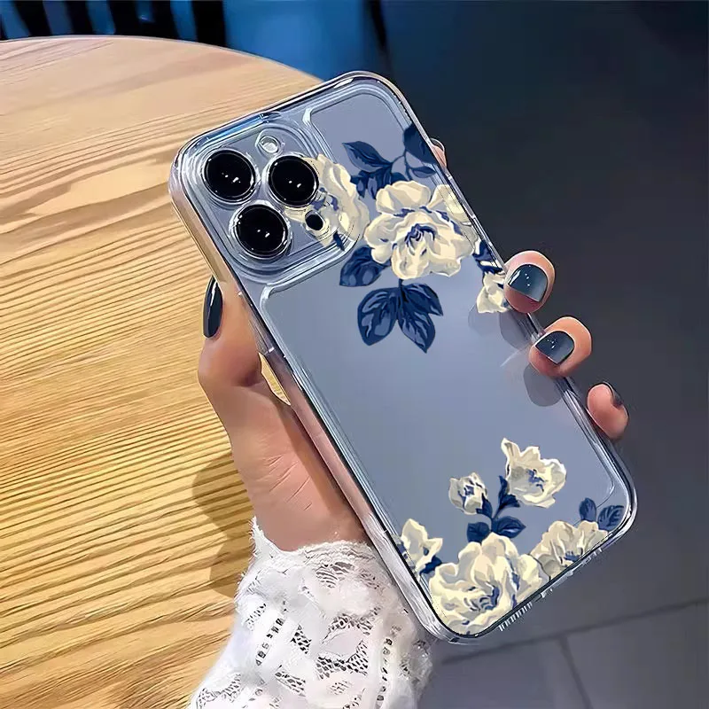 Blue Leaf White Flower Pattern Transparent Phone Case Cover
