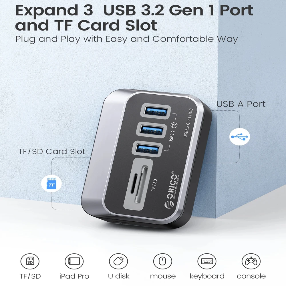 Orico-abs Hub Alimentado com Adaptador de Energia Usb tipo c Leitor de Cartão Divisor 5gbps Carregamento Pd18w Desktop Acessórios pc Pd18w - Imagem 4