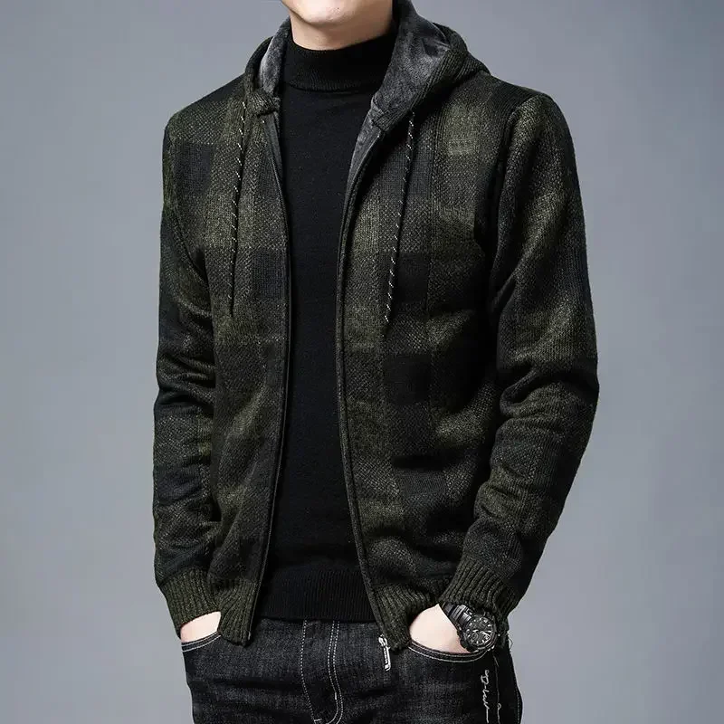 Knitted Sweaters for Men Red Korean Fashion Man Clothes Zip-up Hoodies Coat Cardigan Zipper Jacket Plaid Sweat-shirt Winter 2024