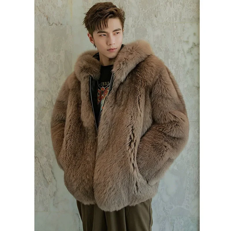 남성용 여우 모피 재킷, 트렌디 메리노 울 오버코트, 후드, 두꺼운 기모 가죽 재킷, 가을, 겨울, 신상 패션