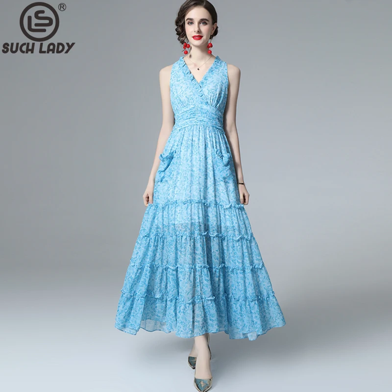 

Women's Runway Dress Sexy V Neck Sleeveless Ruffles Front Pockets Printed Fashion Casual Dresses Vestidos