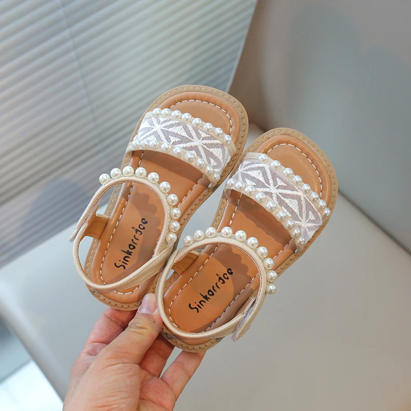 Girls Sandals Kids Summer Shoes Children's Beach Sandals with Pearls Princess Sweet Anti-slippery Open Toes Lace Chic Beading