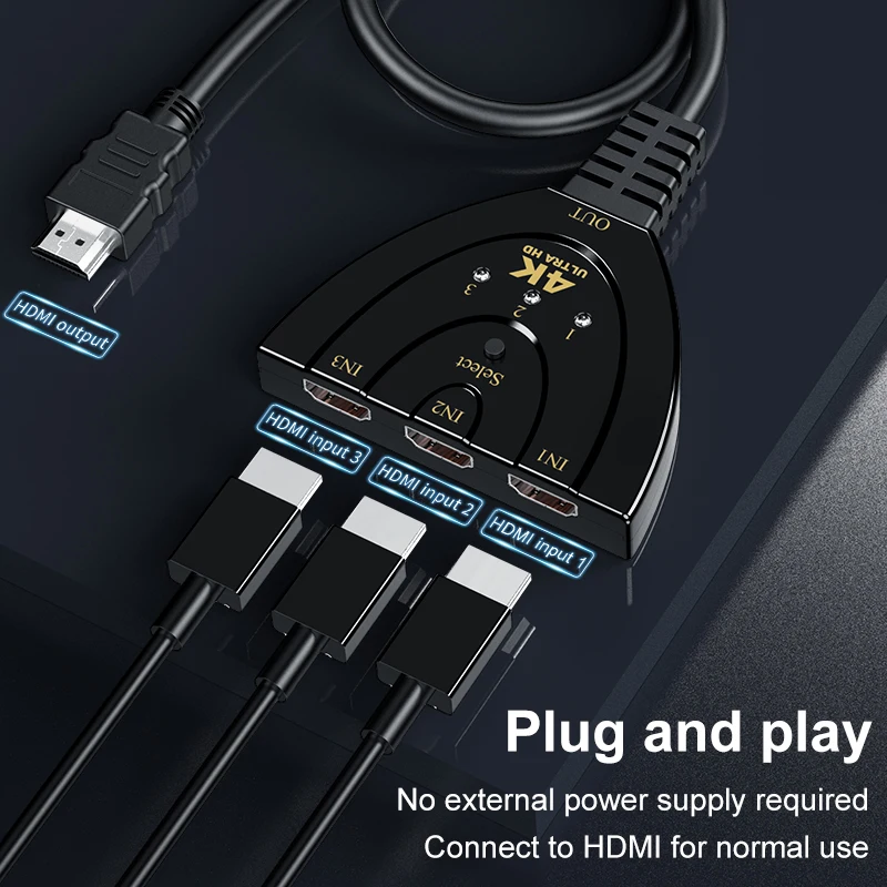 4K HDMI Switcher 3 Port HDMI Switch 3 in 1 Out with High Speed Switch Splitter Pigtail Cable Supports Full HD 4K 1080P 3D Player