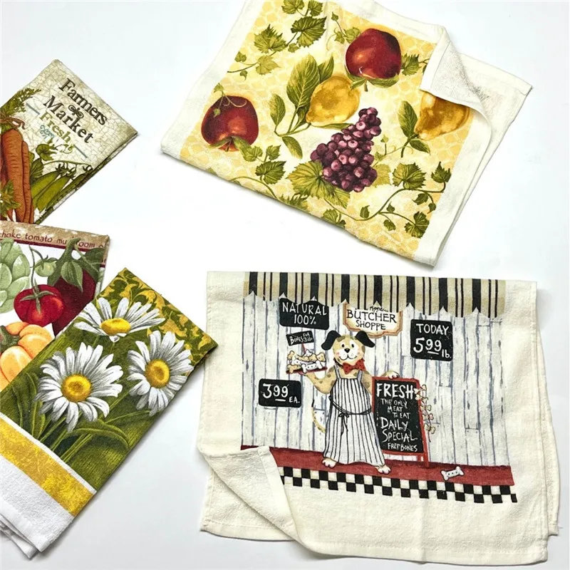 1Pc 36x61cm Colorful Retro Printed Cotton Tea Towel Kitchen Dishcloth Water Absorption Cleaning Cloth Holiday Gift