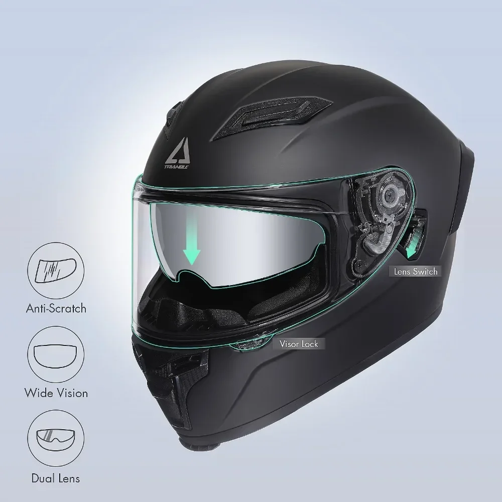 Full Face Motorcross Helmet with Dual Lens Wide Vision Motorcycle Helmets for Men and Women DOT Approved FF351 TRIANGLE