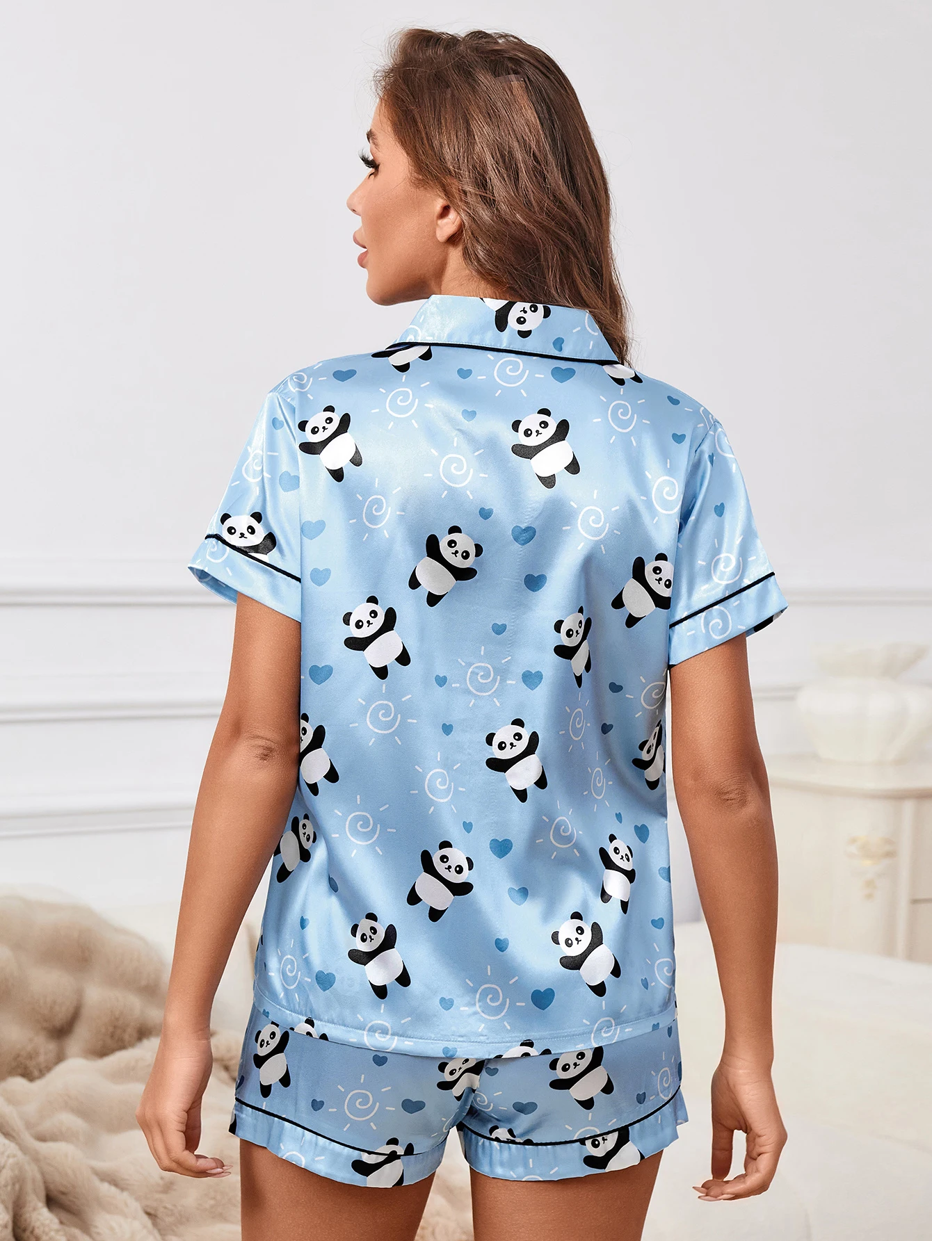 Panda Heart Print Short Sleeve Shorts Pajama Set Contrast Color Piping Lapel Collar Button-up Comfortable Leisure Sleepwear