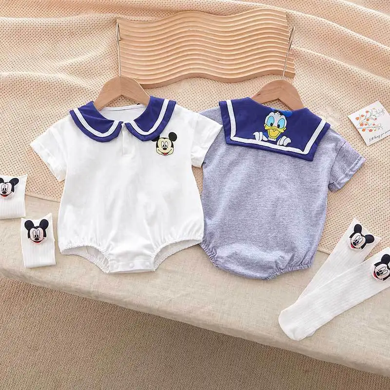 Summer Newborn Baby Rompers Socks Set Cartoon Mickey Mouse Donald Boy Girl Jumpsuit Infant Costumes Cotton Short Sleeve Bodysuit