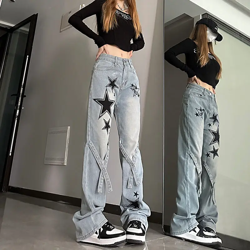 Spring Autumn High Waist Street Style Star Printed Jeans Female Harajuku Y2K Casual Fashion All-match Denim Pants Women Trousers